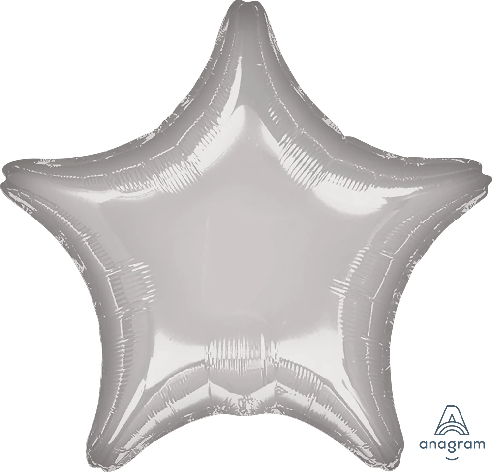 Metallic silver foil balloon shaped as a five-point star, 19 inches wide, shiny surface.