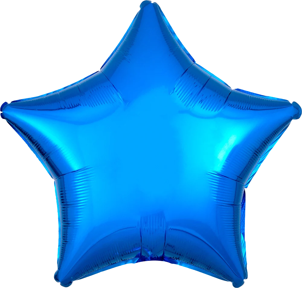 Metallic blue star-shaped foil balloon with smooth, reflective surface, inflated and shiny.