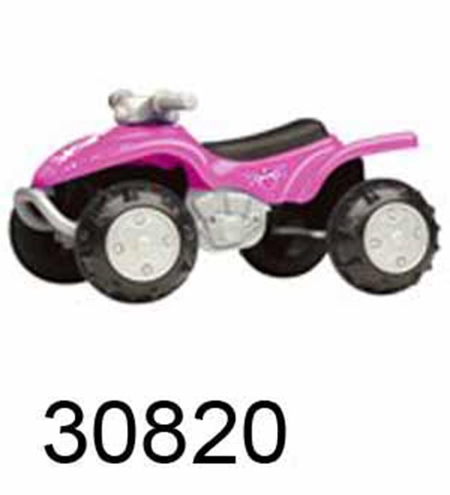 Pink and black plastic girl's ATV toy with silver accents and large rugged wheels.