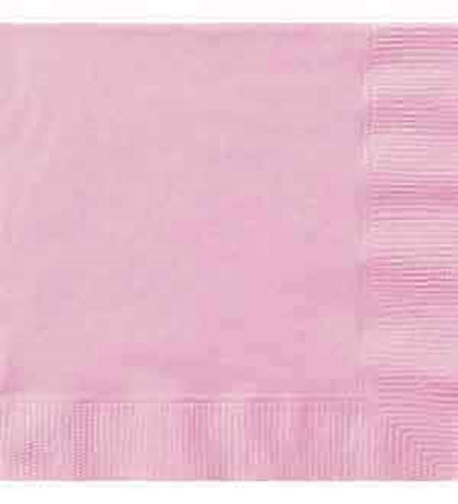 Soft pastel pink square paper napkin with embossed striped border detailing.
