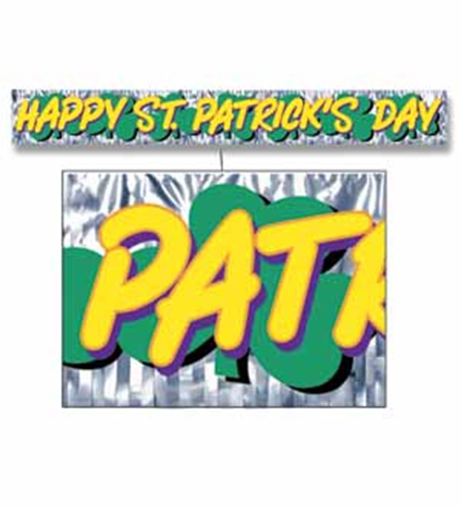 Metallic banner with yellow and green "Happy St. Patrick's Day" text and shamrock background.