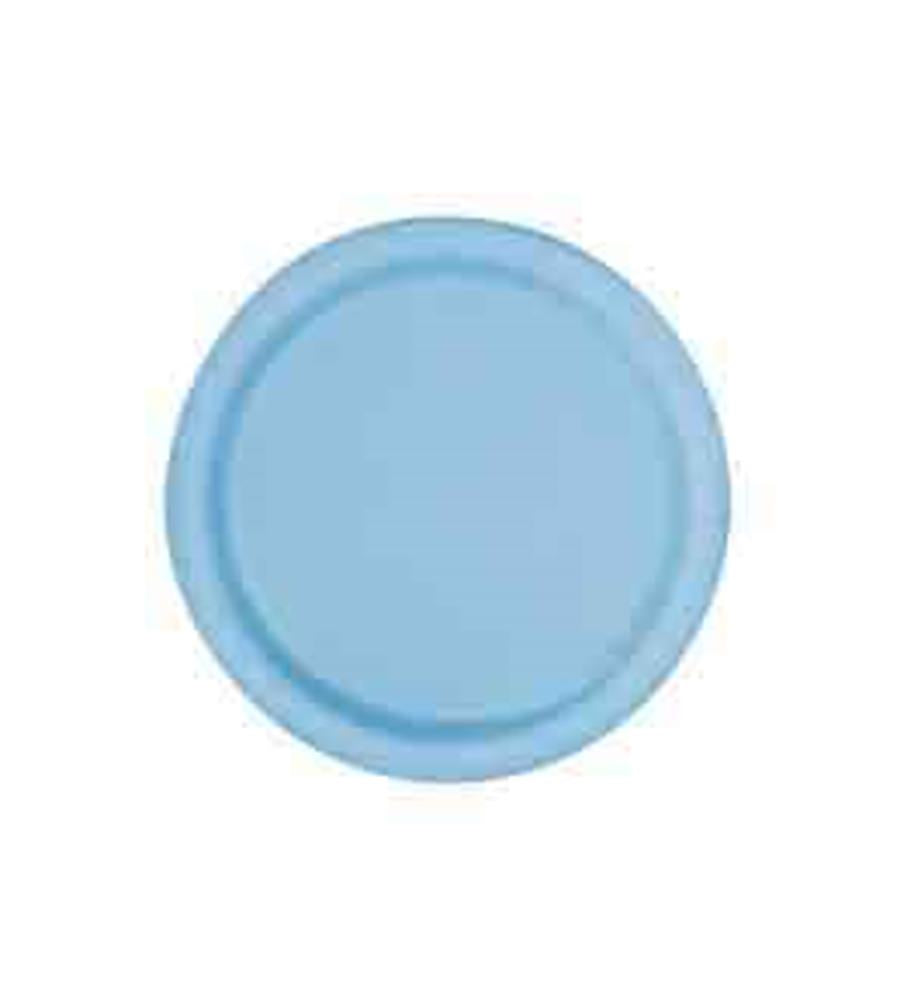 Round powder blue small plate with a smooth matte finish and slightly raised rim.