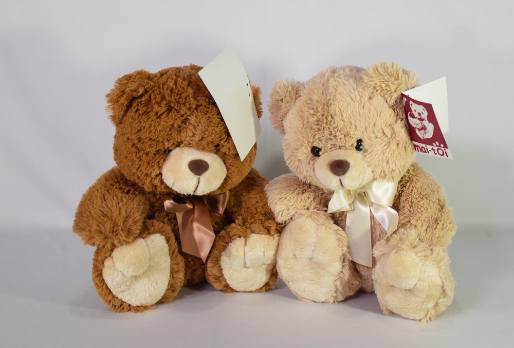 Two 10-inch plush teddy bears, one dark brown with a pink bow and one light beige with a cream ribbon, both soft and fluffy.