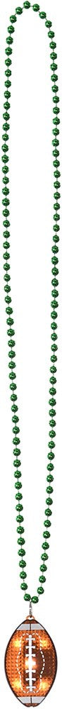 Green beaded necklace with a light-up football pendant featuring white laces on brown background.