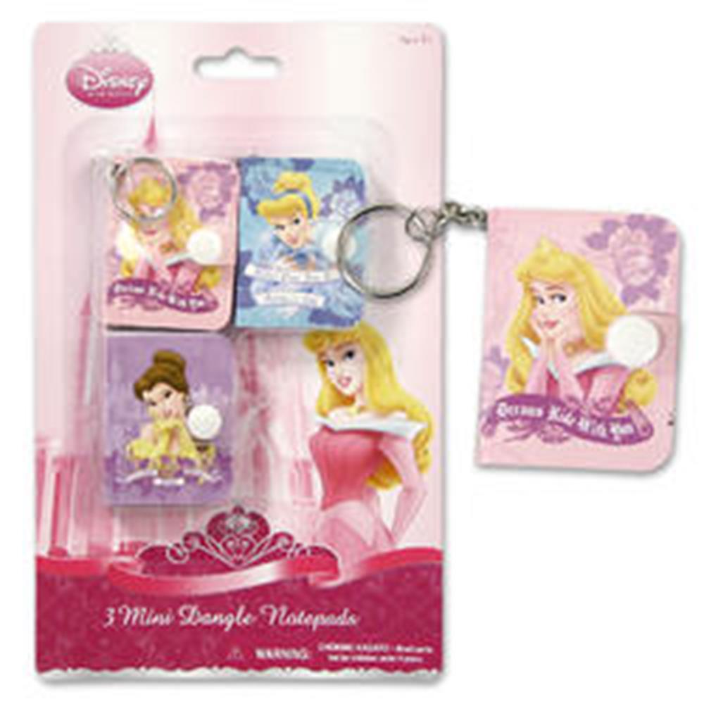 Three mini square notepads with keychains, featuring Disney princesses Belle, Cinderella, and Aurora on pastel pink and.