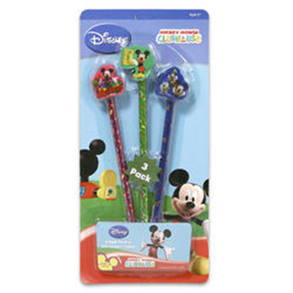 Set of three colorful wooden pencils with Mickey Mouse-themed eraser toppers in red, green, and blue packaging.