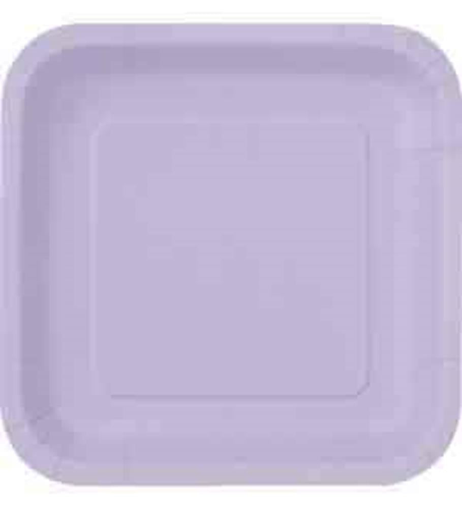 Set of 14 lavender square disposable plates with rounded edges and a slightly raised rim.