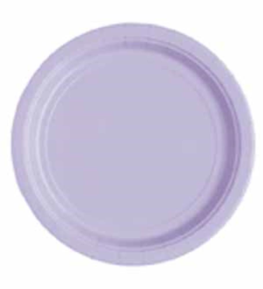 Round lavender plastic plate with raised edges, 7-inch diameter.