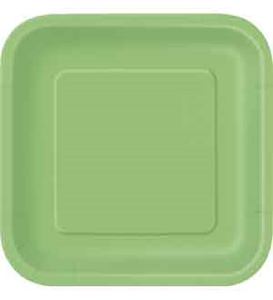 Lime green 7-inch square paper plate with raised edges, made of lightweight disposable material.