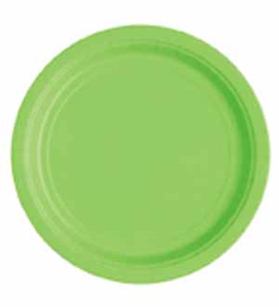 Round lime green plastic small plate with slightly raised edges.