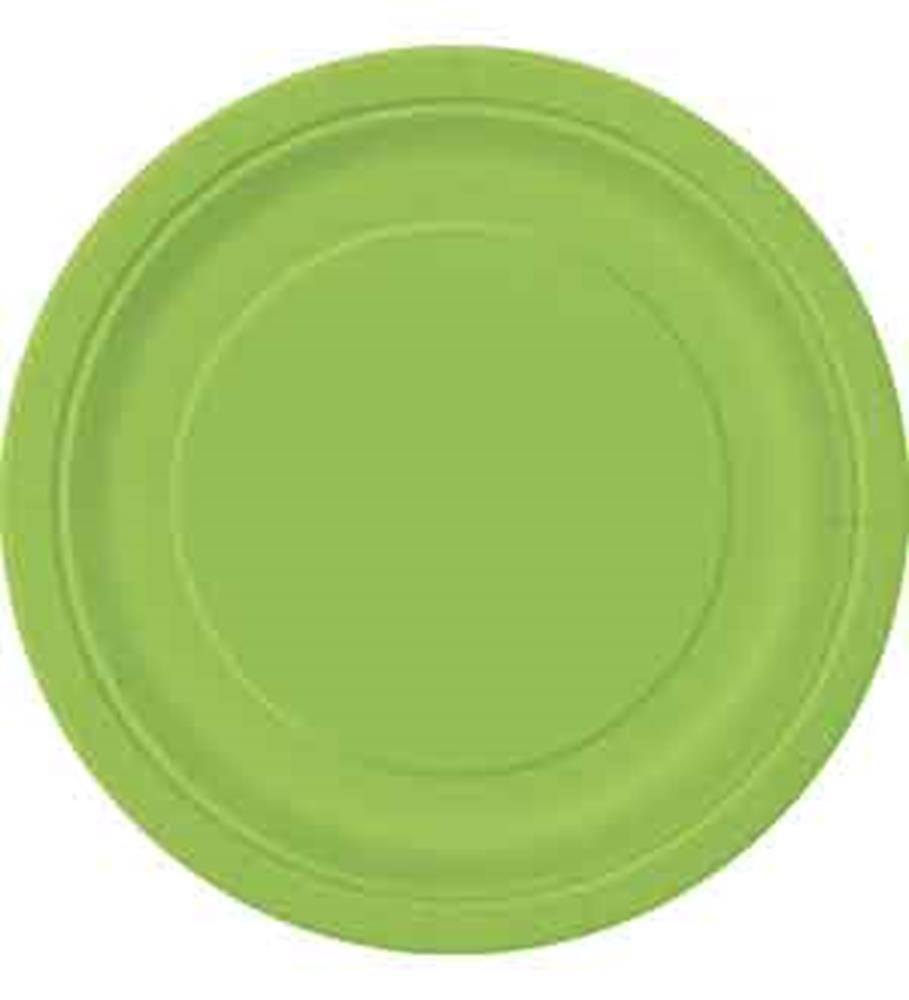 Round lime green large plate with smooth surface and slightly raised rim.