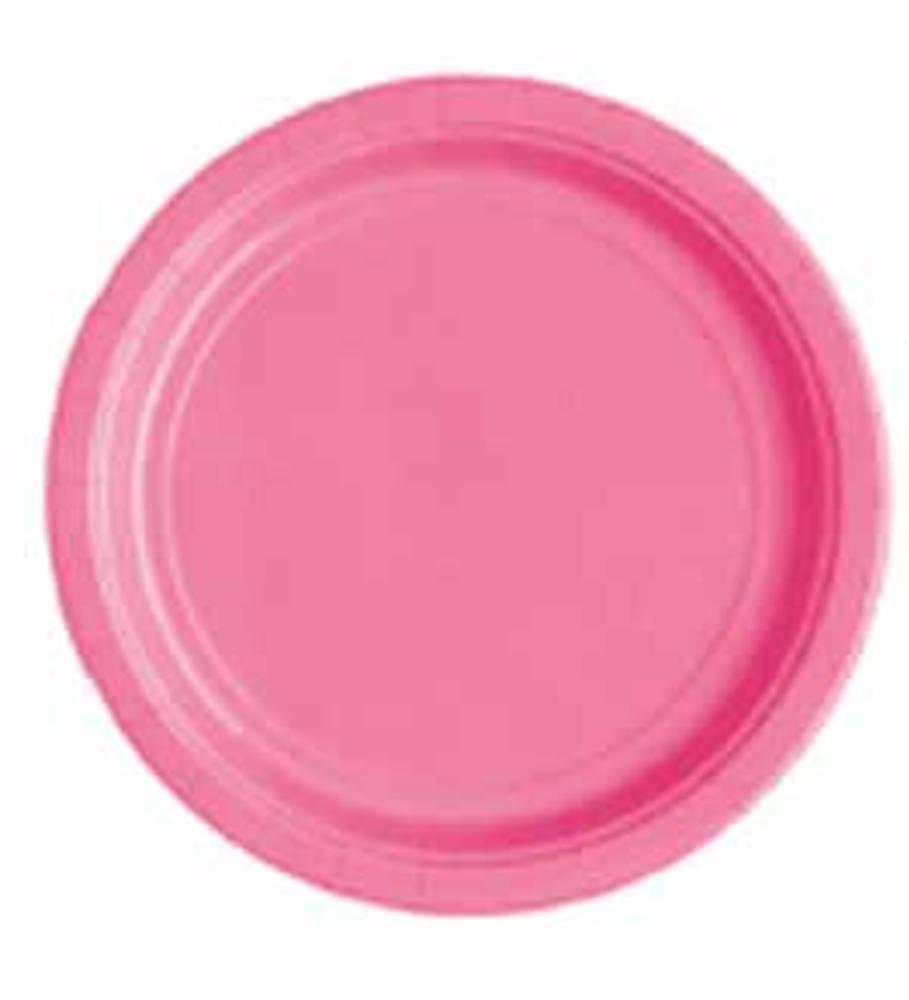 Bright hot pink small round plastic plate with slightly raised edges.