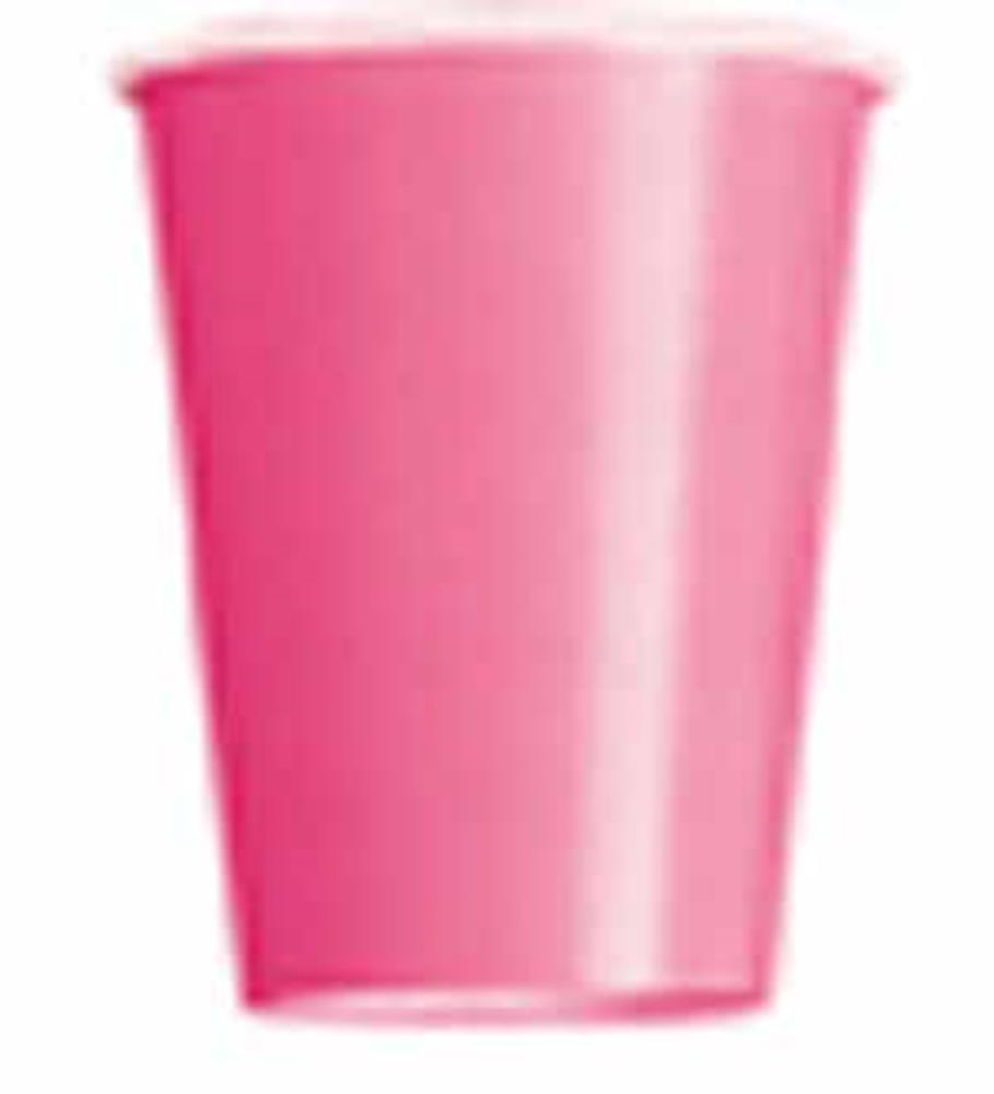 Set of 14 hot pink 9-ounce disposable paper cups with a smooth finish.
