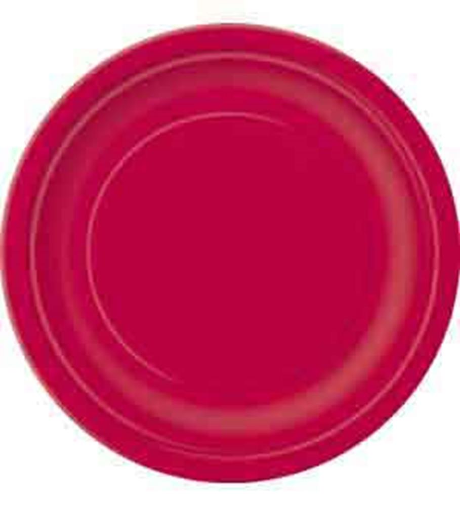 Round bright red plastic lunch plate with a slightly raised rim.