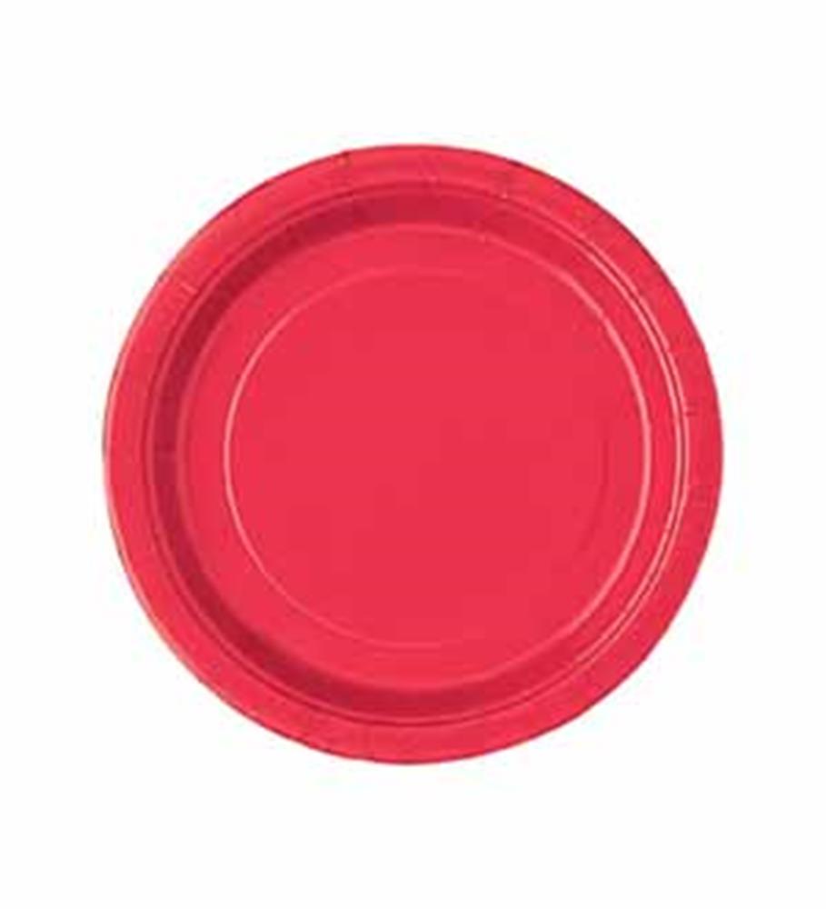 Round ruby red small disposable plate with a slightly raised rim and smooth surface.