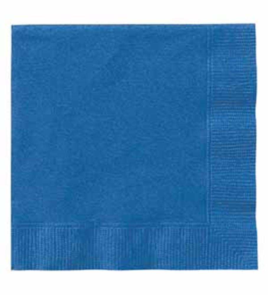 Royal blue small paper napkin with embossed border, 20 count pack.