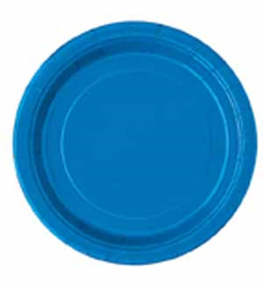 Round 7-inch royal blue disposable plate with slightly raised edges.