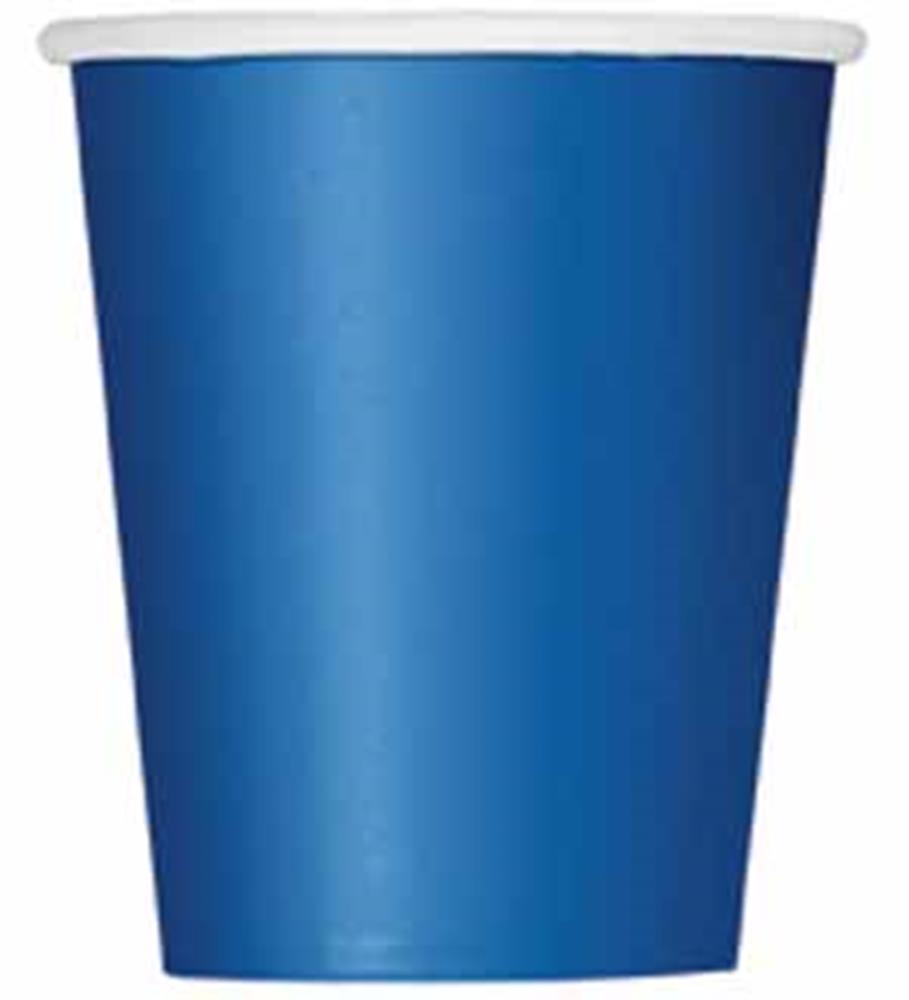 Royal blue 9-ounce paper cup with white rim, smooth matte finish.
