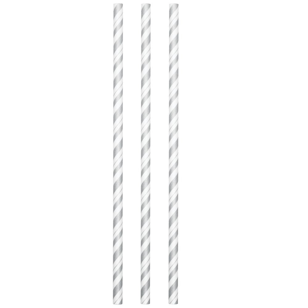 Set of three paper straws with a white base and silver diagonal stripes.