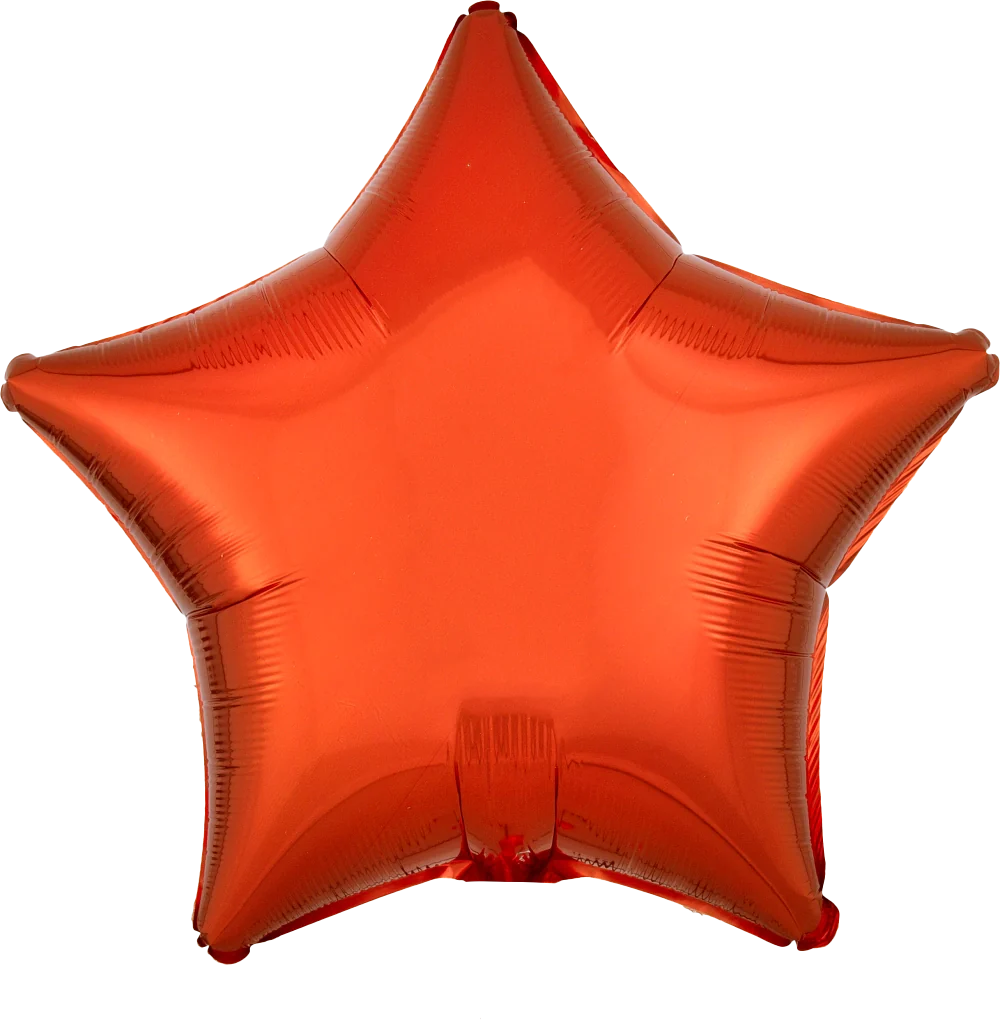 Metallic orange five-point star-shaped foil balloon inflated and smooth.