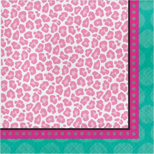 Square paper napkins with pink leopard print center, bordered by fuchsia dotted line and teal textured edges.