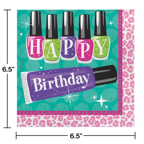 Square paper napkin with turquoise background, pink leopard print border, nail polish bottles spelling "HAPPY," and purple.