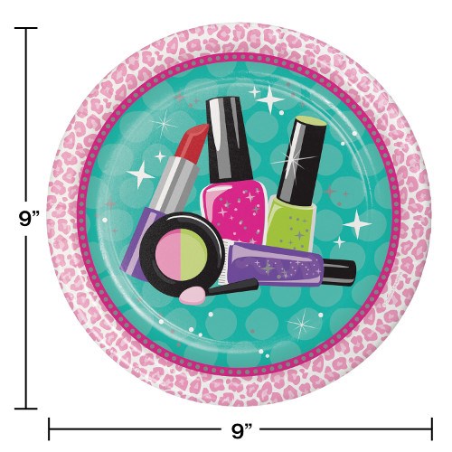 Round 9-inch paper plate with pink leopard print border and makeup designs on teal background.
