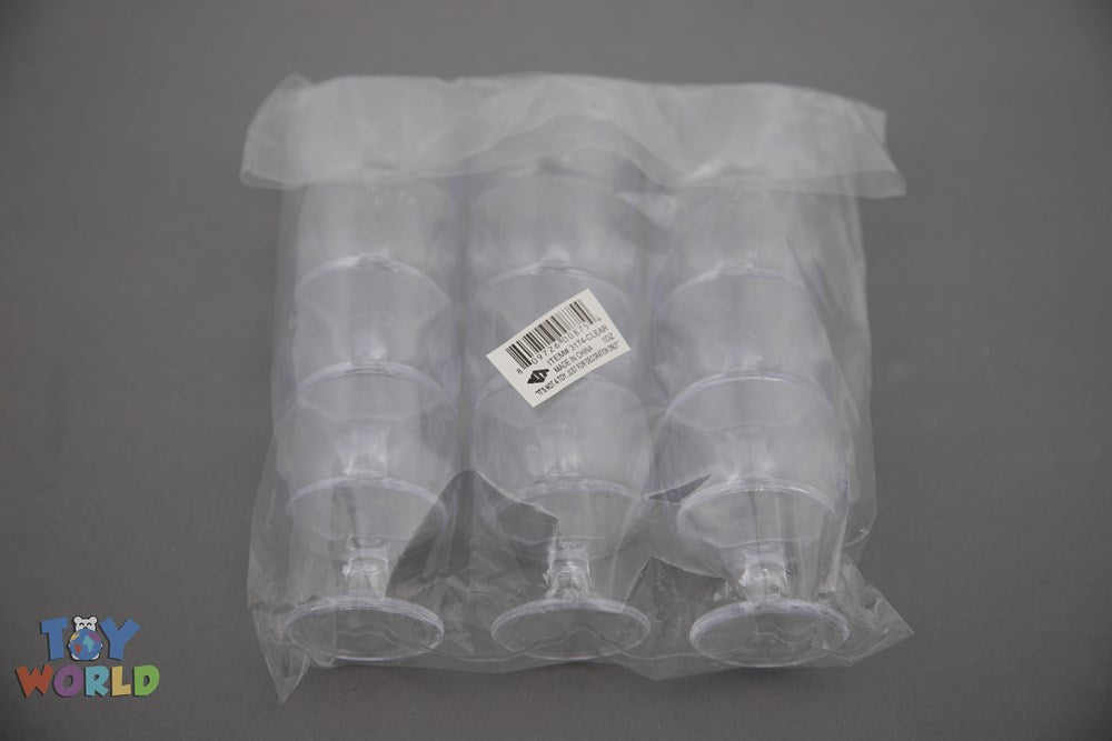 Set of 12 clear plastic brandy cups, 2.25 inches tall, with short stems, stacked in plastic wrap.