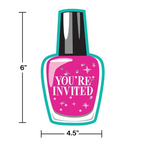 Pink nail polish bottle-shaped spa party invitation with black cap and white sparkle accents.