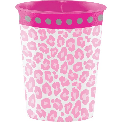 Pink reusable cup with light pink leopard spots and silver polka dot band near rim.