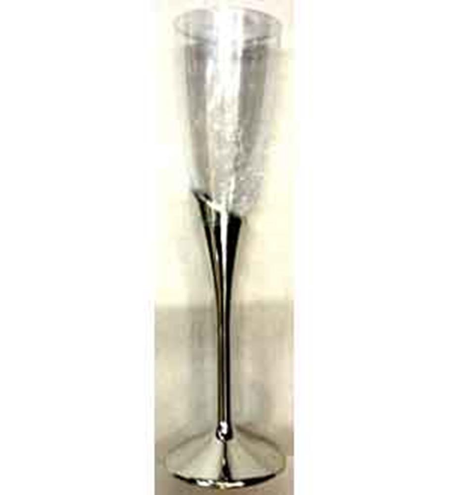 Silver metallic champagne flute with slender stem and round base, 9 inches tall.