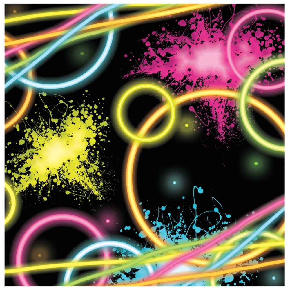 Black party napkin with neon glowing rings, colorful light streaks, and bright paint splatters.