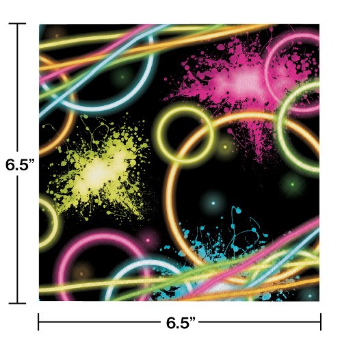 Square black napkin with colorful glowing rings, streaks, and splatter designs.