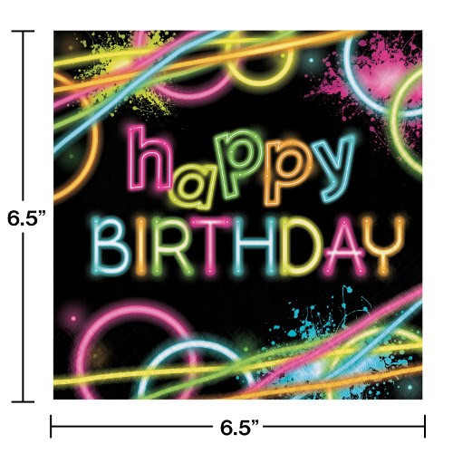 Square black napkin with colorful neon-style "Happy Birthday" text and glowing abstract lines, 6.5 inches wide.