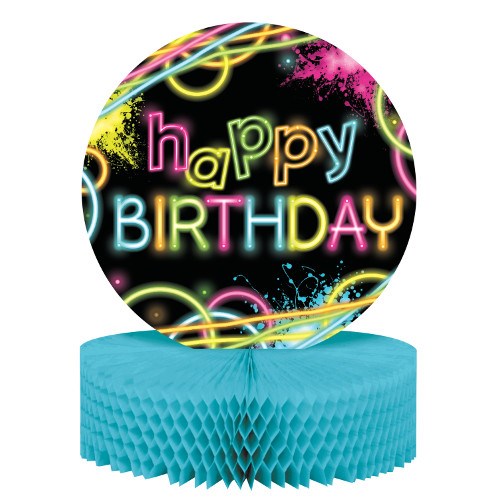 Round centerpiece with neon "Happy Birthday" text on a black background, mounted on blue honeycomb paper base.