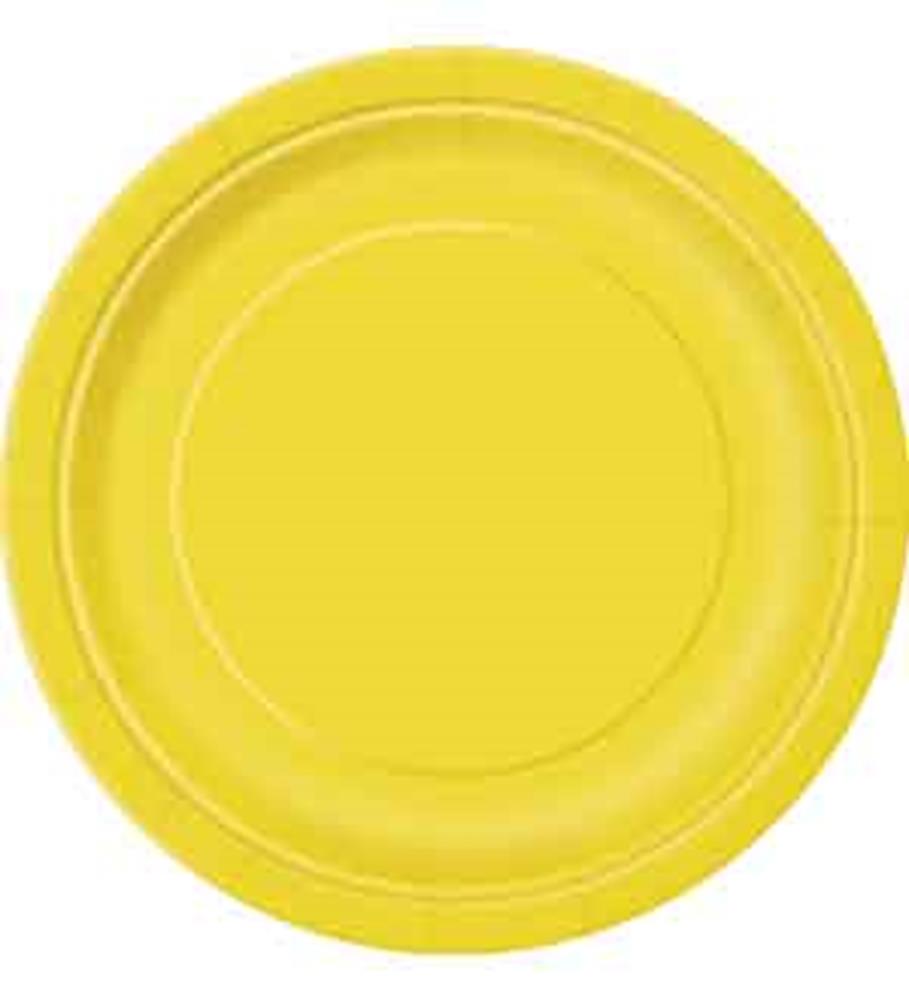 Bright yellow large paper plate with a smooth, slightly raised rim.