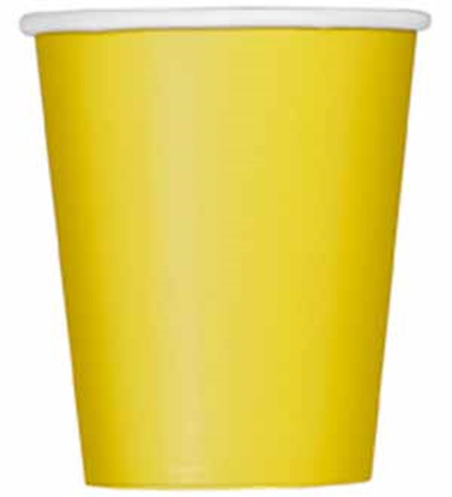 Bright sunflower yellow paper cup with a white rim, 9-ounce size, smooth matte finish.