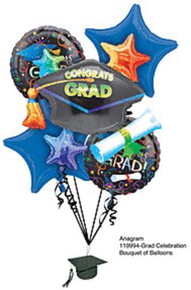 Graduation balloon bouquet with blue star balloons, black round foil balloons with graduation cap and "Congrats Grad" text,.