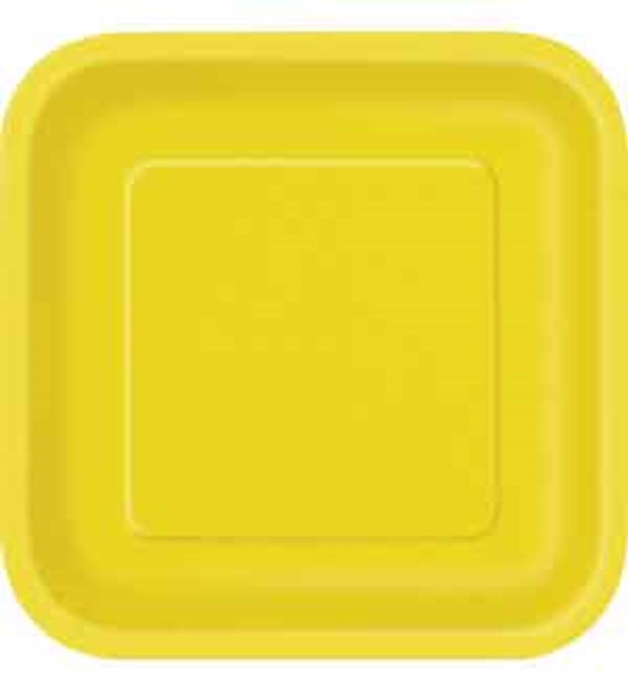 Sunflower yellow square paper plate with rounded edges and a slightly raised rim.