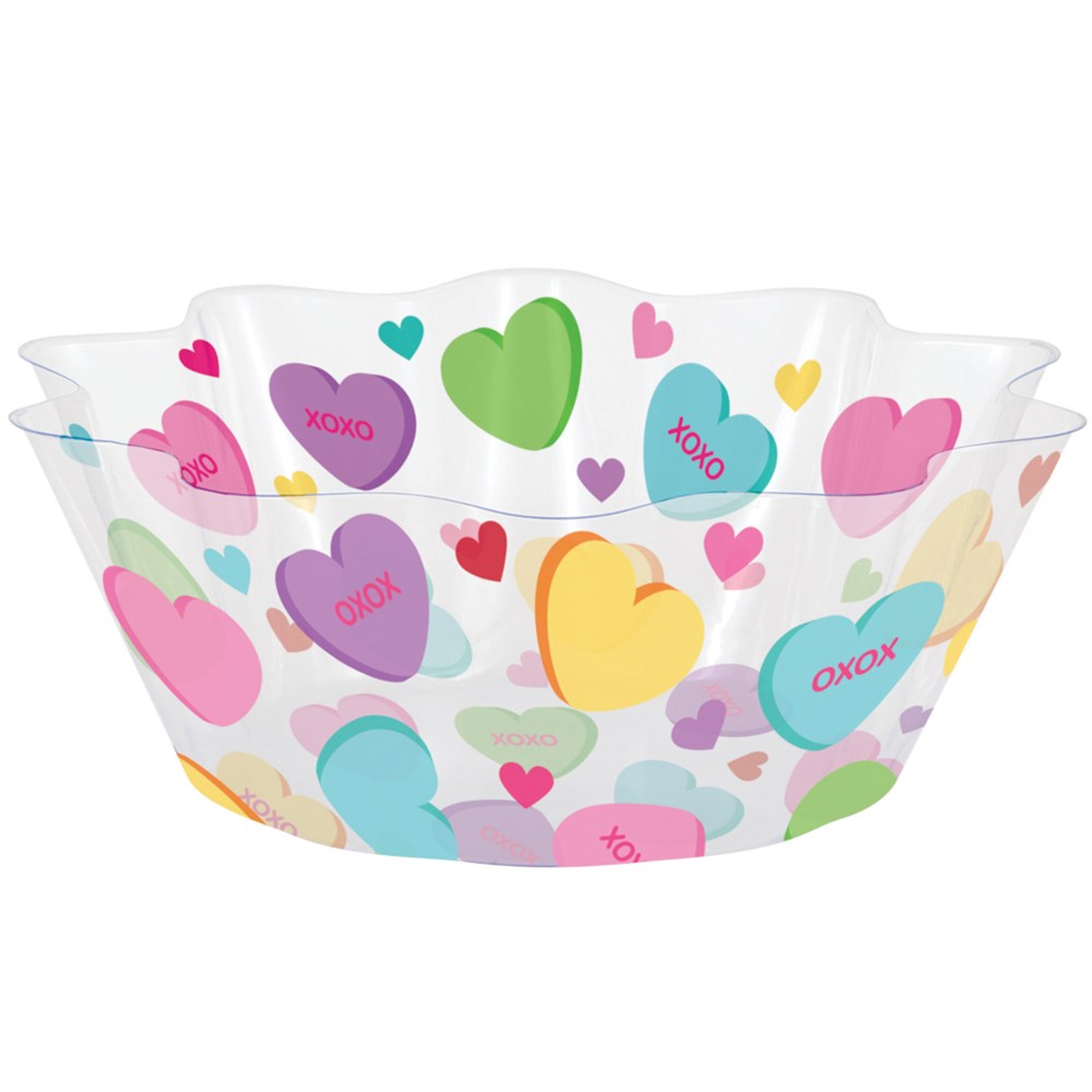 Clear 8-inch fluted plastic bowl with colorful Valentine heart icons and love messages.