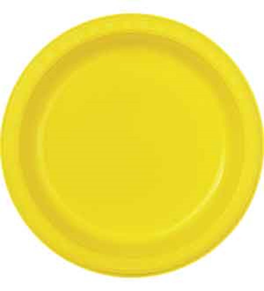 Bright sunflower yellow round plastic plate with slightly raised rim, large size.