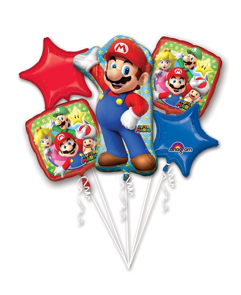 Five foil balloons featuring a large Mario figure, two square balloons with Mario characters, one red star, and one blue.