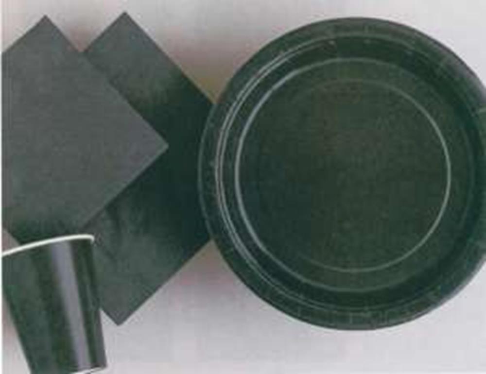 Black disposable plate, square napkins, and cup set with subtle circular patterns.