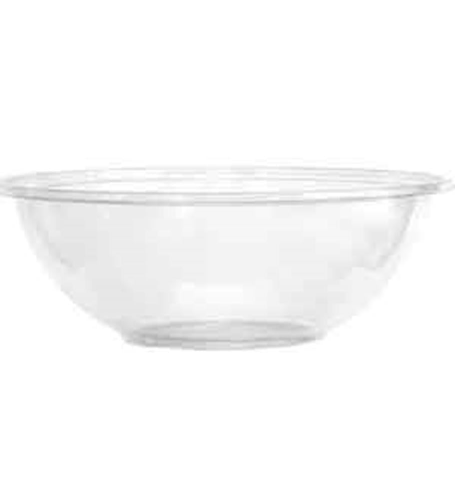Clear round soft plastic bowl with wide rim and 320oz capacity.