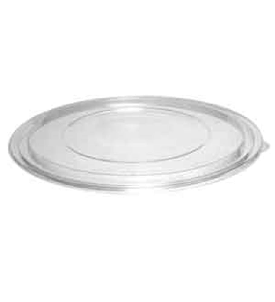 Clear round soft plastic lid with a flat center and raised outer rim.