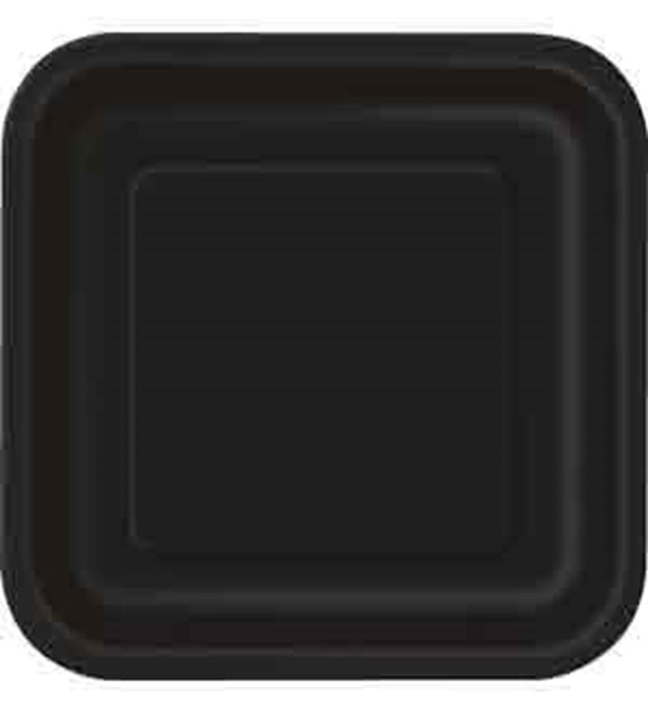 Set of 16 matte black 7-inch square disposable plates with slightly raised edges.