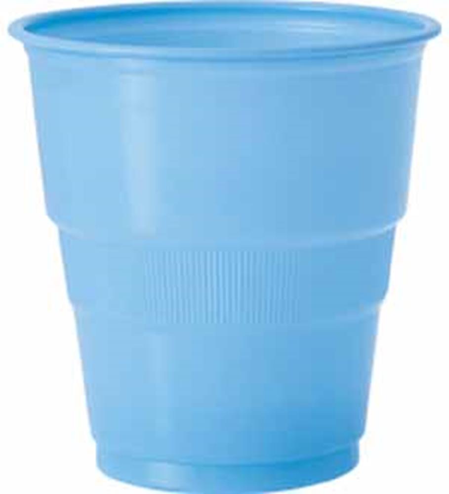 Stackable baby blue plastic cup with a wide rim and textured grip, 9oz capacity.