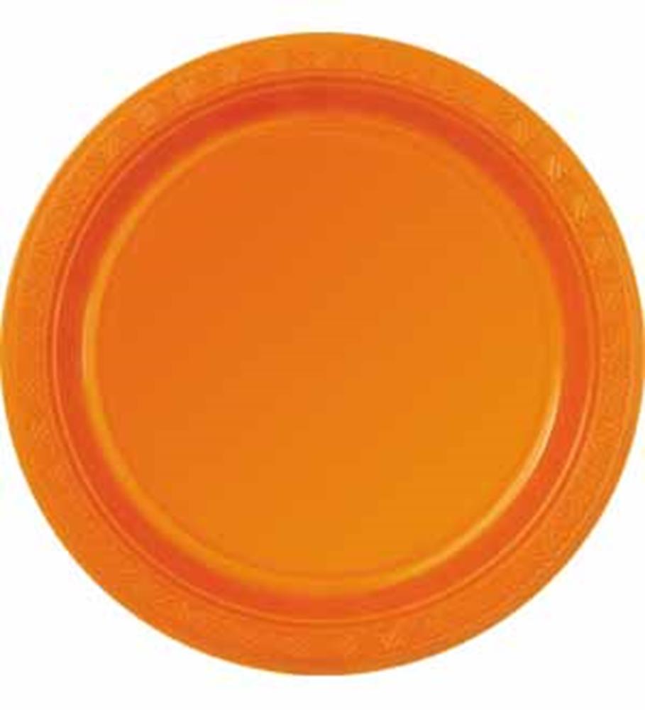 Round plastic plate in vibrant pumpkin orange with a glossy finish and slightly raised edges.