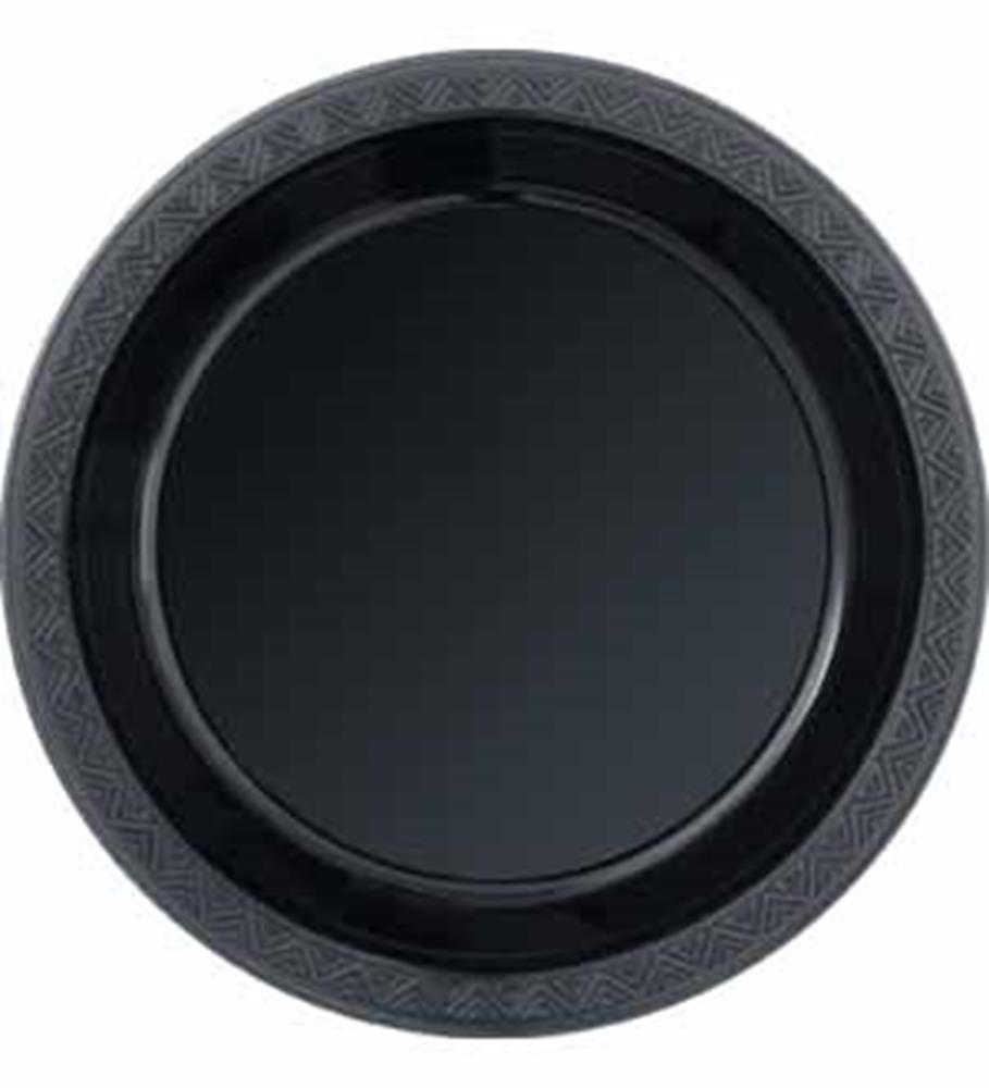 Round midnight black plastic plate with textured outer rim detail.