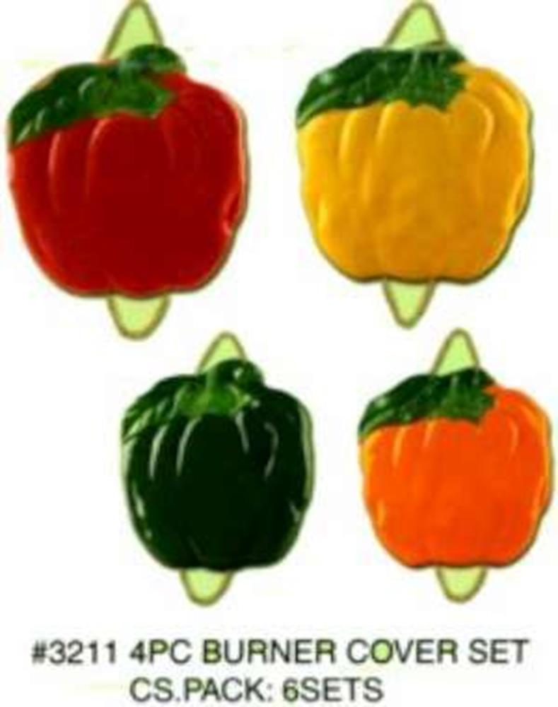 Set of four bell pepper-shaped burner covers in red, yellow, green, and orange with green stems and leaf details.